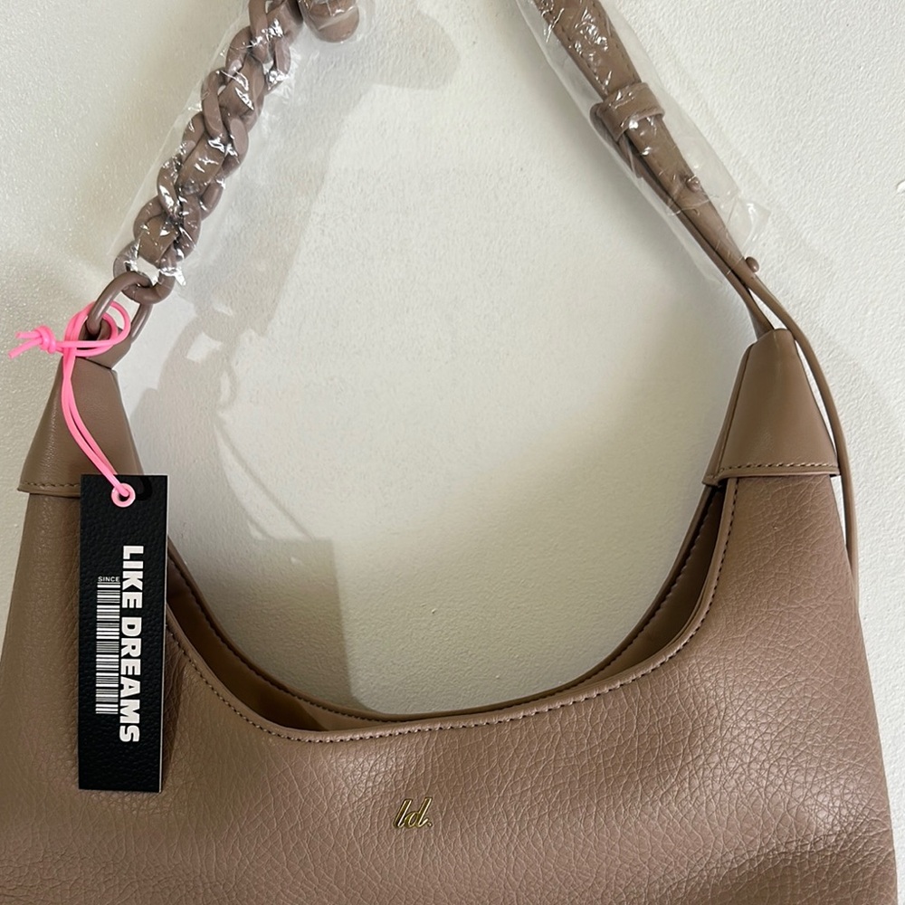 NWT: Tan Leather Shoulder Bag with Gold Accents